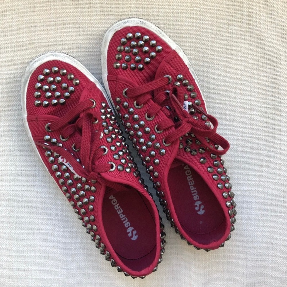 SuperGa Red Distressed Studded Sneakers